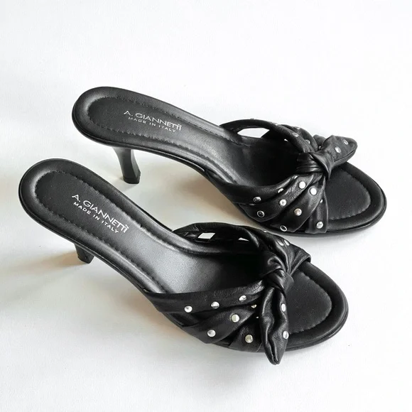 A. Giannetti Studded Black Leather Sandal Heels - Picture 3 of 7